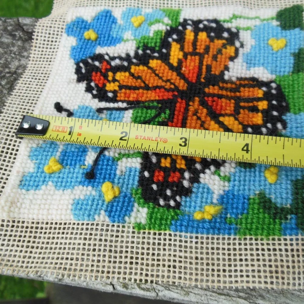 finished crewel needlepoint picture of Monarch butterfly vintage unframed 1970s